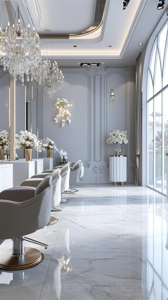 luxury hair salon, gray and white color interior, r...