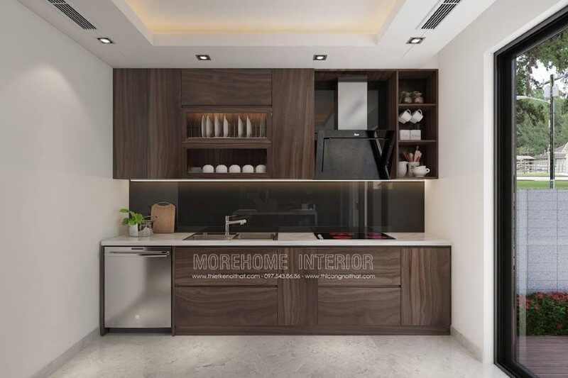 Tủ bếp được bố trí có máy rửa bát hợp lý để tạo nên không gian bếp đẹp, hiện đại và khoa học.